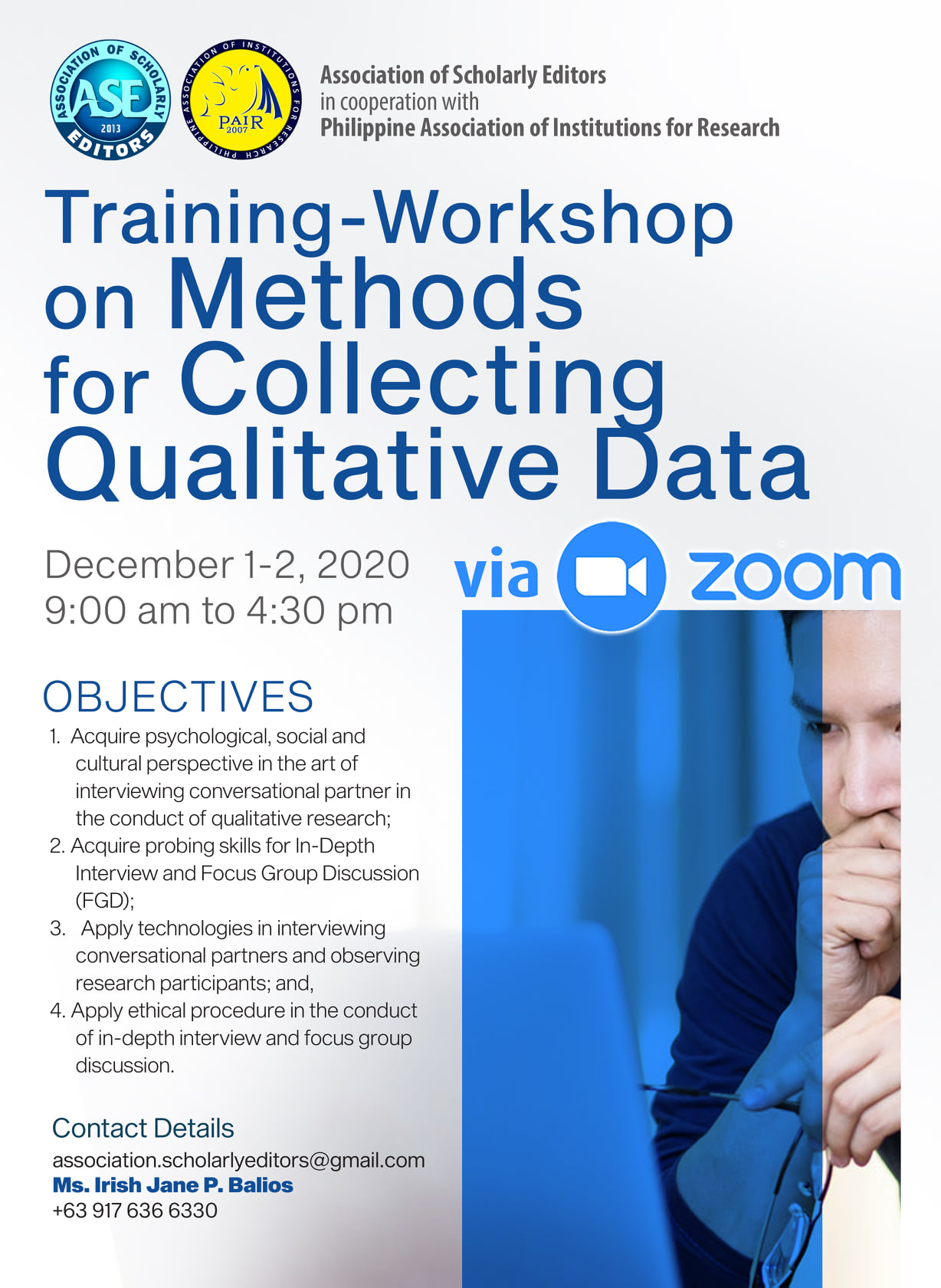 Read more about the article Training – Workshop on Methods for Collecting Qualitative Data on December 1 – 2 , 2020 via Zoom.